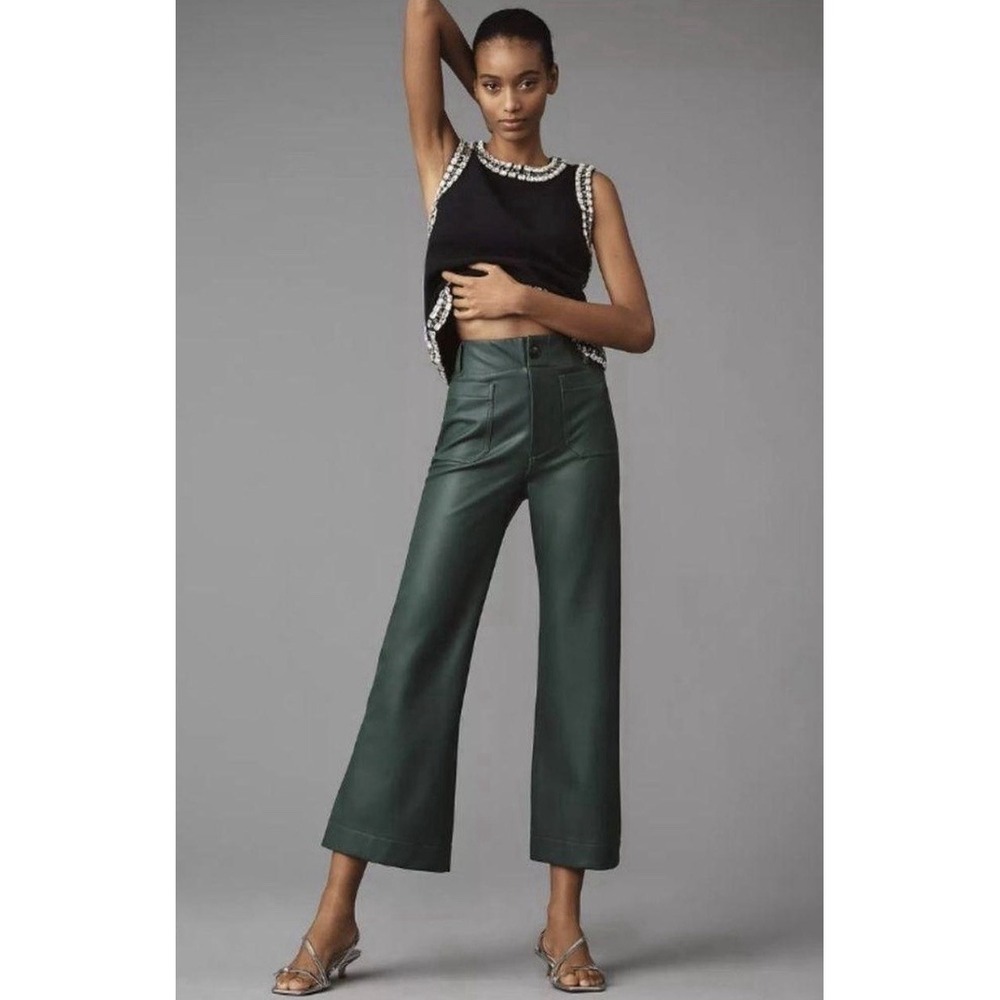 Anthropologie Colette Faux Leather Cropped Wide-Leg Pants Maeve Green Size 24P